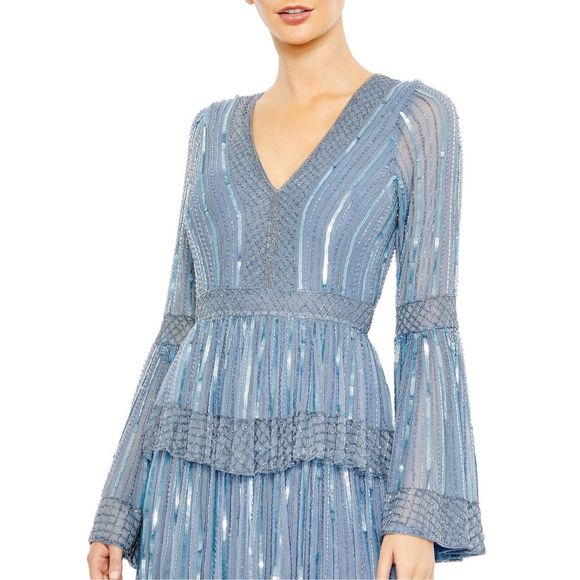 NWT MAC DUGGAL EMBELLISHED BELL SLEEVE TIERED GOWN - Picture 3 of 11